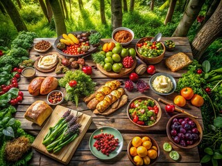 Enchanting Forest Top View with Artisan Food Spread Featuring Fresh Vegetables, Fruits, and Gourmet Dishes Surrounded by Lush Greenery and Natural Elements for Culinary Inspiration