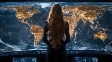 Businesswoman analyzing global digital connections, internet technology, futuristic office setting with data visuals