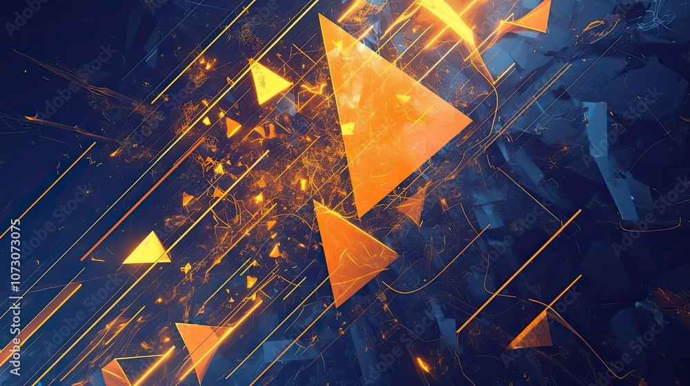 Poster abstract composition with golden triangles and lines on a dark blue background