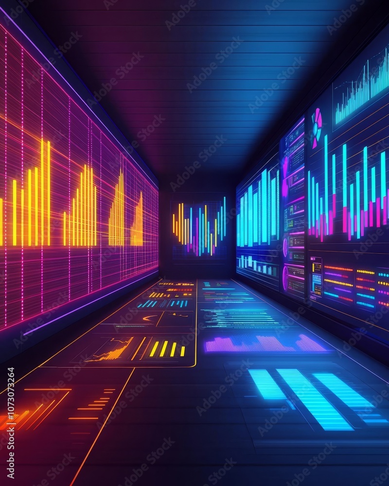 Aufkleber vibrant digital data visualization with colorful graphs and charts in a futuristic setting.