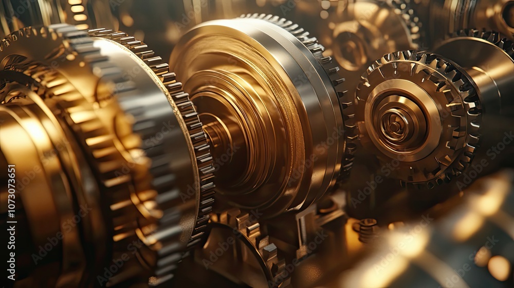 Poster close-up of a complex system of interlocking metallic gears