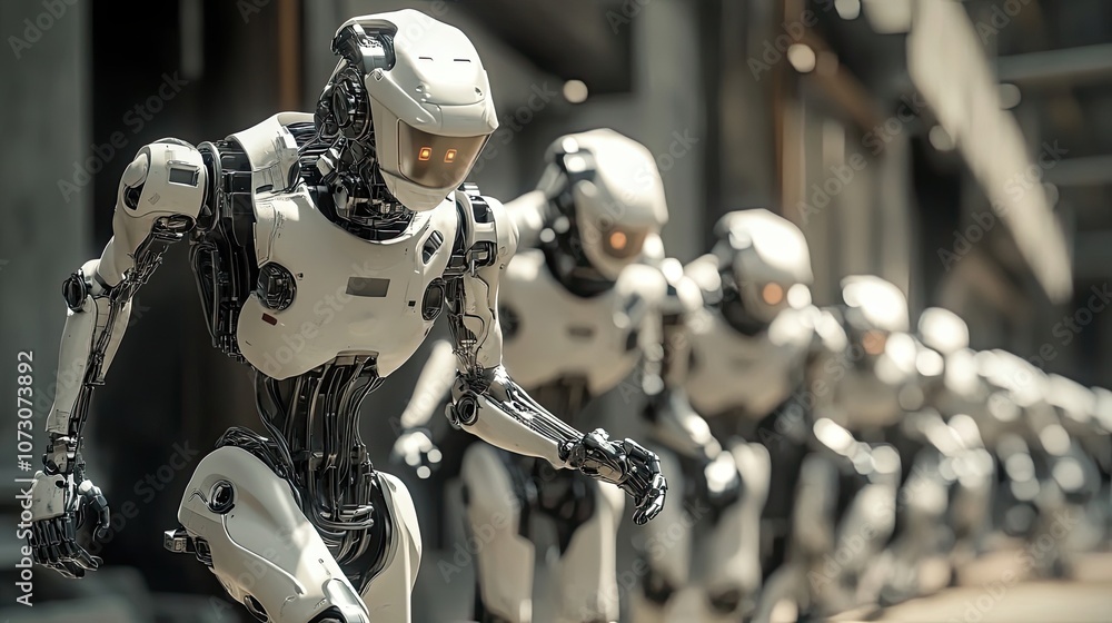 Poster a line of futuristic humanoid robots walking in a desolate urban environment