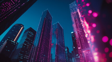 Fototapeta premium Smart digital Innovation city Business skyscrapers in the Financial District with connection network reciprocity over the cityscape. of future smart wireless digital city and social media networking