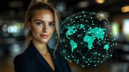 Naklejka premium Businesswoman with digital global connection, internet metaverse interface glowing in high-tech office