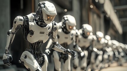Fototapeta premium A line of futuristic humanoid robots walking in a desolate urban environment