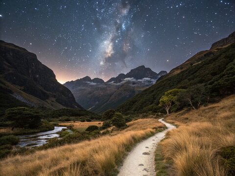 Enchanting Night Photography of the Routeburn Track Trail Near McKenzie Hut in Fiordland National Park on South Island, New Zealand, Showcasing Starry Skies and Majestic Landscapes