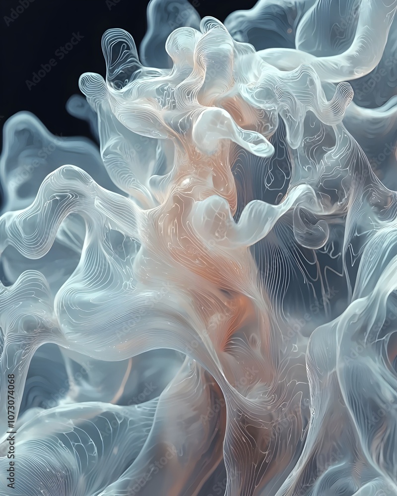 Poster a stunning abstract representation of flowing, translucent forms featuring delicate curves and soft 