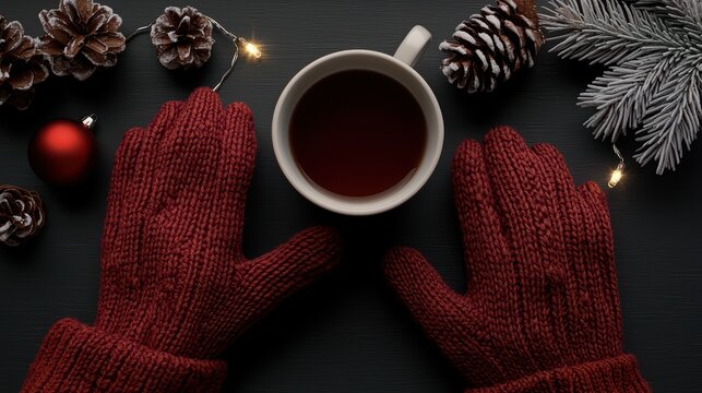 Cozy winter scene with a warm beverage, red gloves, pinecones, and festive decorations.