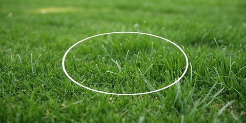 ? Close-up of a white circle outline on a green grass surface, close-up, circular shape, grassy terrain, landscape, outdoor scene