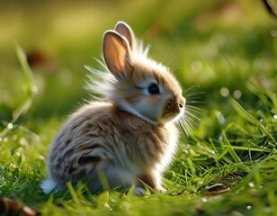 Obraz premium A cute rabbit is in the grass with bright and warm sunlight. Ai image generated.