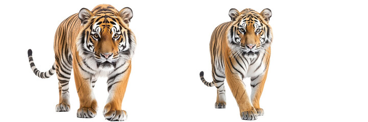Fototapeta premium Two Majestic Bengal Tigers Walking Towards the Camera on transparent background