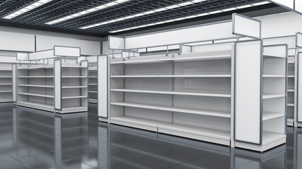 Supermarket interior mockup with empty shelves and toppers, design template for mockup. 3d illustration