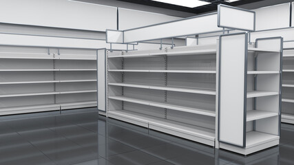 Supermarket interior mockup with empty shelves and toppers. 3d illustration © Wire_man