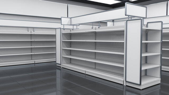 Supermarket interior mockup with empty shelves and toppers. 3d illustration
