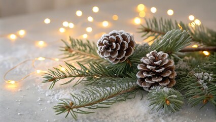 Christmas decoration with pinecones, fir branches, and festive ornaments in a winter setting