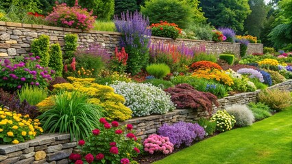 Colorful perennials and shrubs forming a lush border around a garden bed with a meandering stone wall, gardening, nature, horticulture, perennials, shrubs