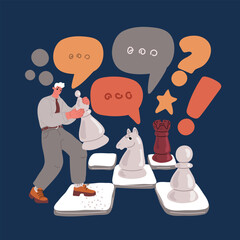 Cartoon vector illustration of a businessman playing chess with giant pieces, representing strategy, planning, and critical thinking over dark background