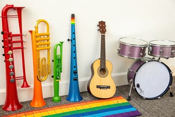 Colorful musical instruments arranged in a rainbow formation, colorful, creative, artful, melodic,...