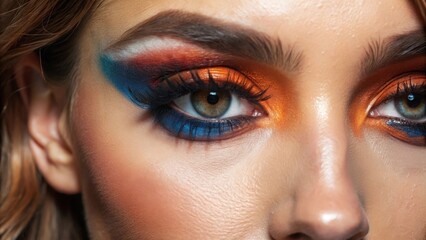 Obraz premium Close-up of a woman's eye with dramatic blue and orange eyeshadow, long eyelashes, and a hint of red