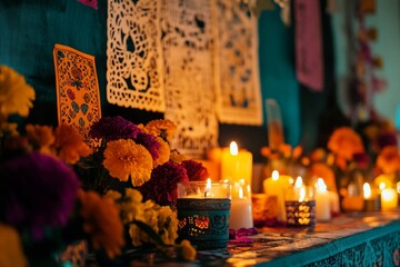 Fototapeta premium Close up of a beautifully crafted day of the dead altar with intricate details and personal mementos