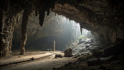 Dark and foreboding cave entrance with stalactites and stalagmites, eerie atmosphere, entrance, underground setting
