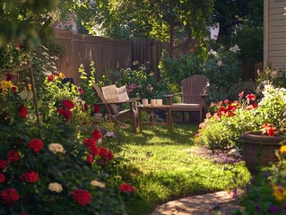 Obraz premium A Peaceful Suburban Backyard Garden with Lush Foliage and Cozy Furniture