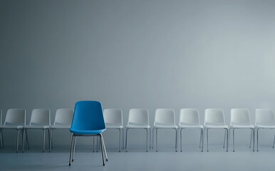 A blue chair stands out from the row of white