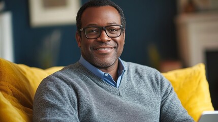 Fototapeta premium A man wearing glasses and a gray sweater is sitting on a yellow couch