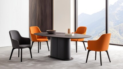 Modern Conference Room with Stylish Round Table and Orange Chairs Overlooking Mountain View in a Bright and Open Workspace