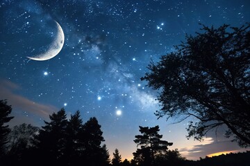 Fototapeta premium Deep blue night sky filled with twinkling stars and constellations, with the moon as a silver crescent, heavenly, universe, starry night, infinite, night sky