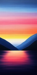 Vibrant sunset over serene mountains with colorful reflections in water