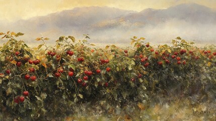 Morning Mist over Cherry Orchard in Mountain Landscape