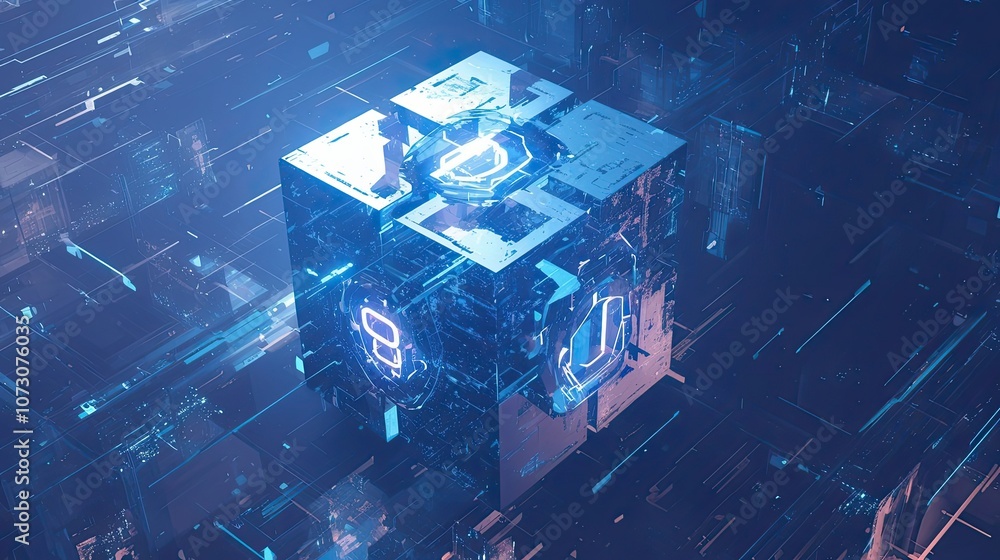 Poster glowing cube with circuitry and digital lines