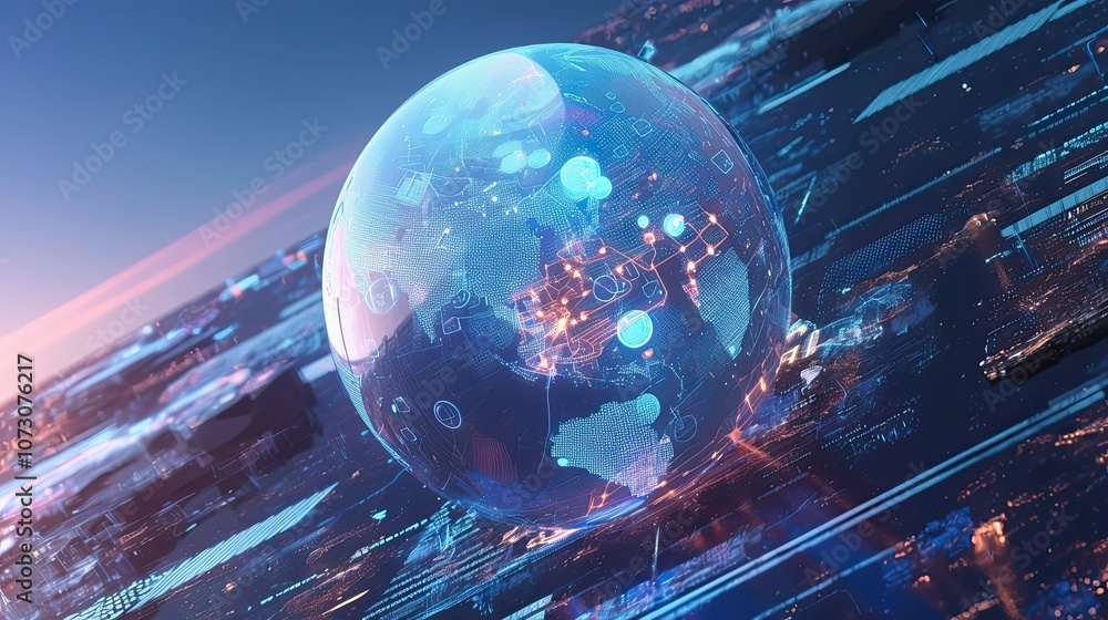 Poster a glowing digital globe with interconnected data points and lines