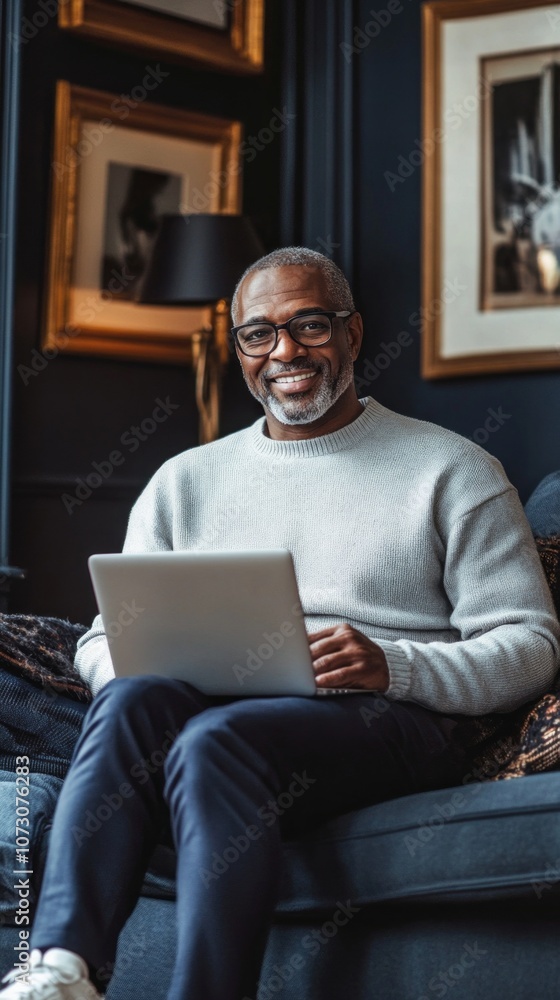 Poster a man is sitting on a couch with a laptop in front of him