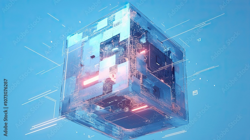 Poster a transparent cube with internal circuitry and glowing lines