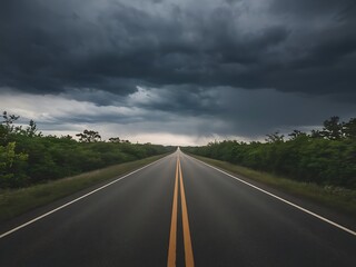 Naklejka premium Endless asphalt ribbon snakes through a rural landscape, disappearing into the cloudy horizon