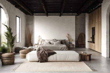Stunning industrial style design studio with neutral tones and cozy decor in a chic setting