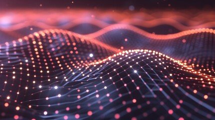 Obraz premium Digital Wave Flow with Particles and Data Points with abstract dots and lines for tech processe , data transfer and encryption, digital archives, sound and graphic presentations, science, education .