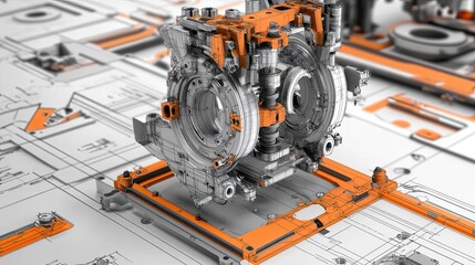 Orange and Grey Mechanical Component on Technical Drawing