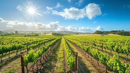 Naklejka premium A vineyard with rows of grapevines in the sunshine.
