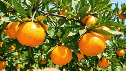 Fresh orange hanging on a tree branch in a sunny orchard, citrus, fruit, orange