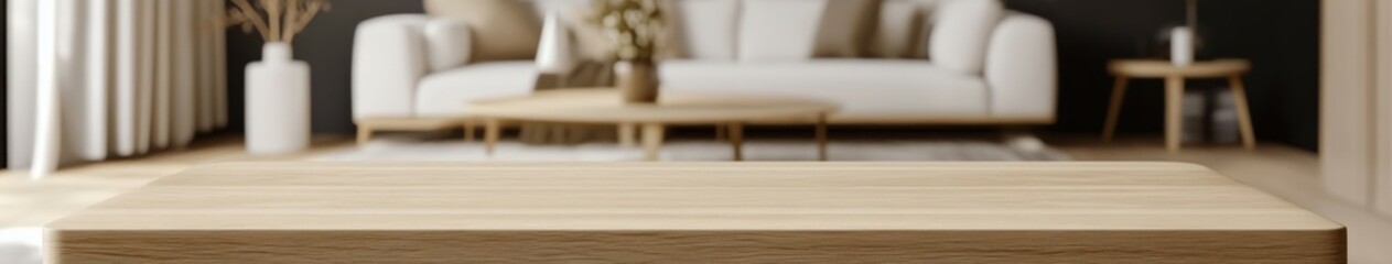 Modern wooden coffee table in a stylish living room with soft lighting