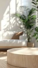 Fototapeta premium Cozy living room with wooden table and houseplants in natural light