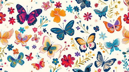 A colorful pattern of butterflies and flowers on a white background.