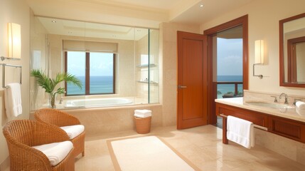 Bright and Airy Bathroom with Ocean View, Featuring Modern Design Elements, Spacious Layout, and Large Window Allowing Natural Light to Illuminate the Space