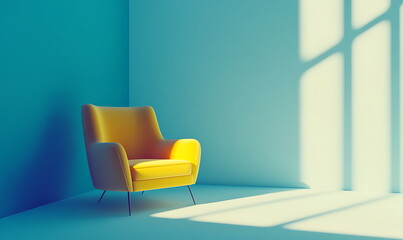3D rendering of a yellow chair in line with blue background