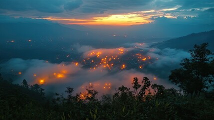 A breathtaking sunset over a valley with a town lights peeking through the clouds.