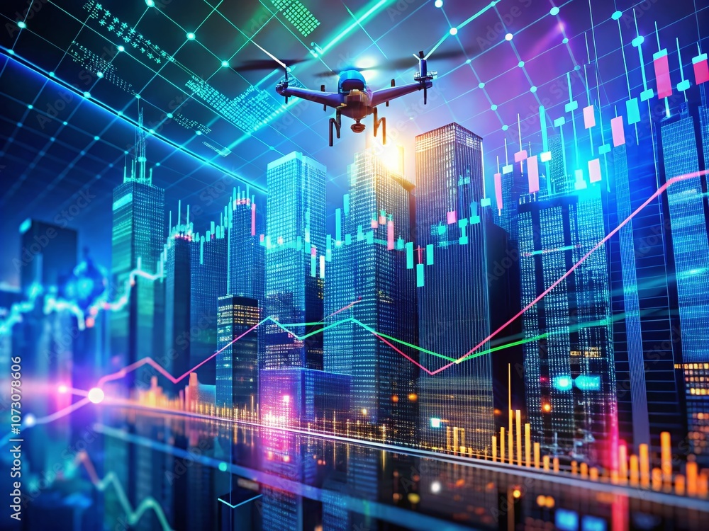 Poster financial stock market graph overlaid on a technology abstract background representing economic tren
