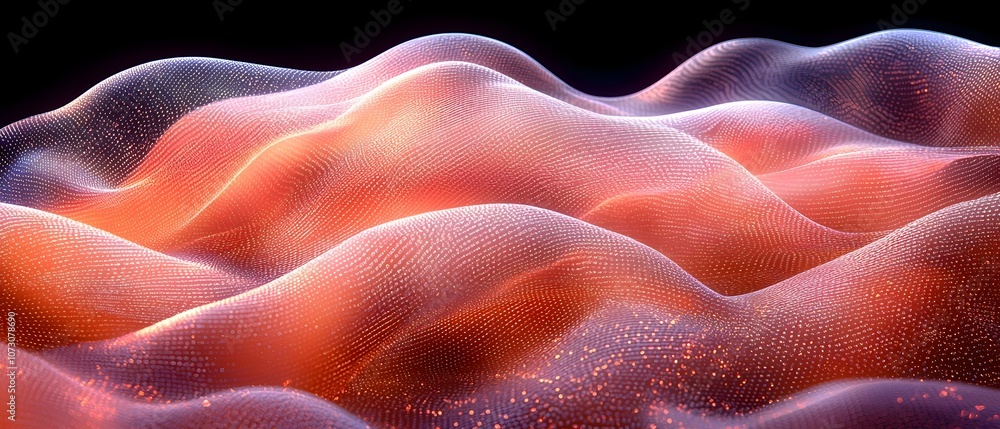 Poster an abstract representation of flowing waves in vibrant orange and purple hues, creating a dynamic an
